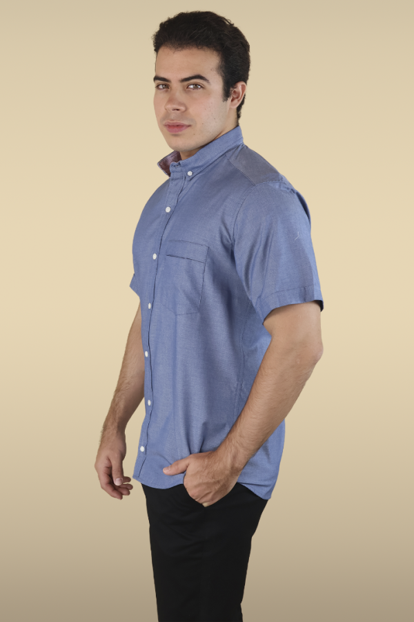 Camisa Manga Corta Azul Jaspe Slim Fit Con Bolsa Semi Oculta Para Hombre